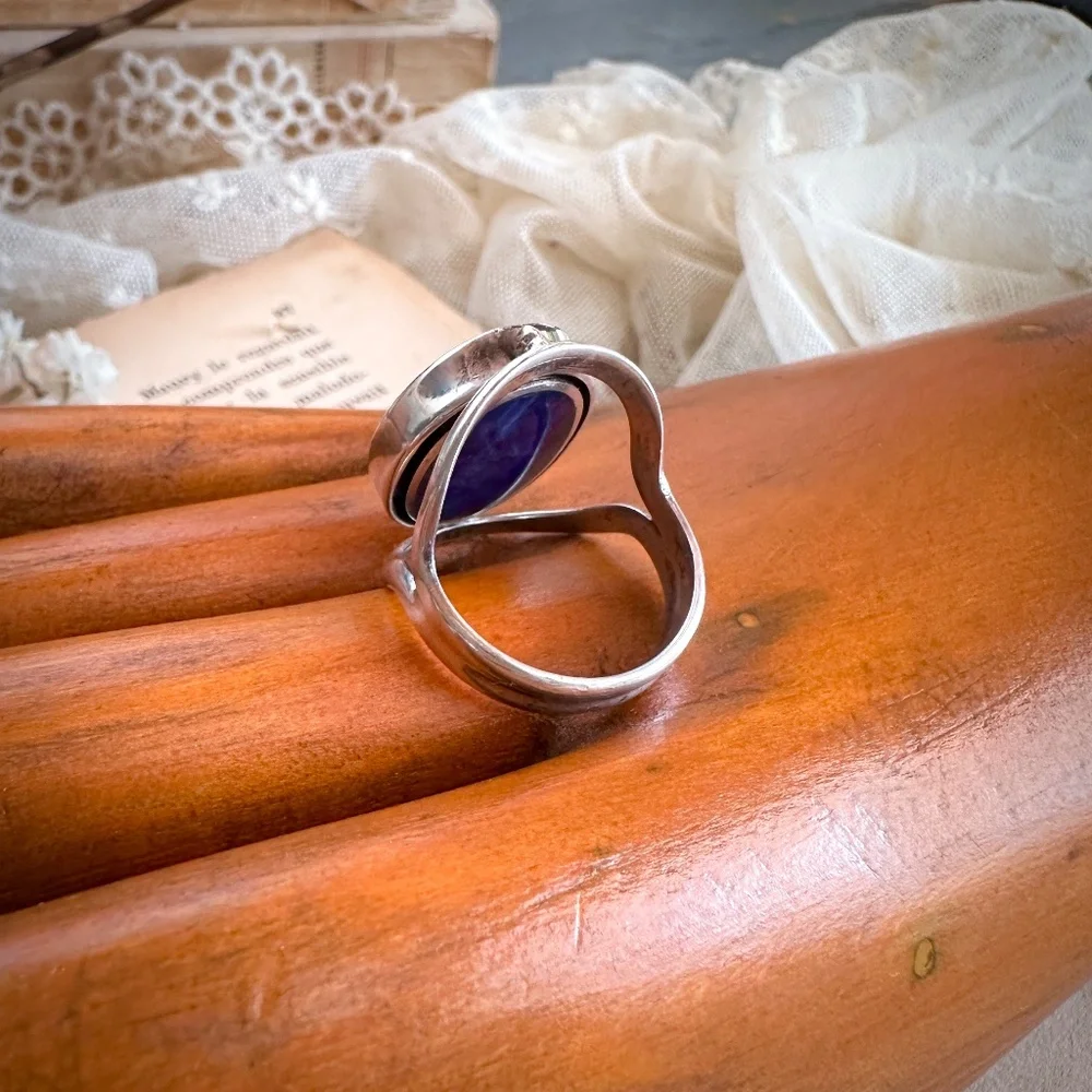 Vintage Sterling Silver Lapis Lazuli & Chrysoprase Spinner Bezel Ring Size 7.75 - Picture 9 of 14